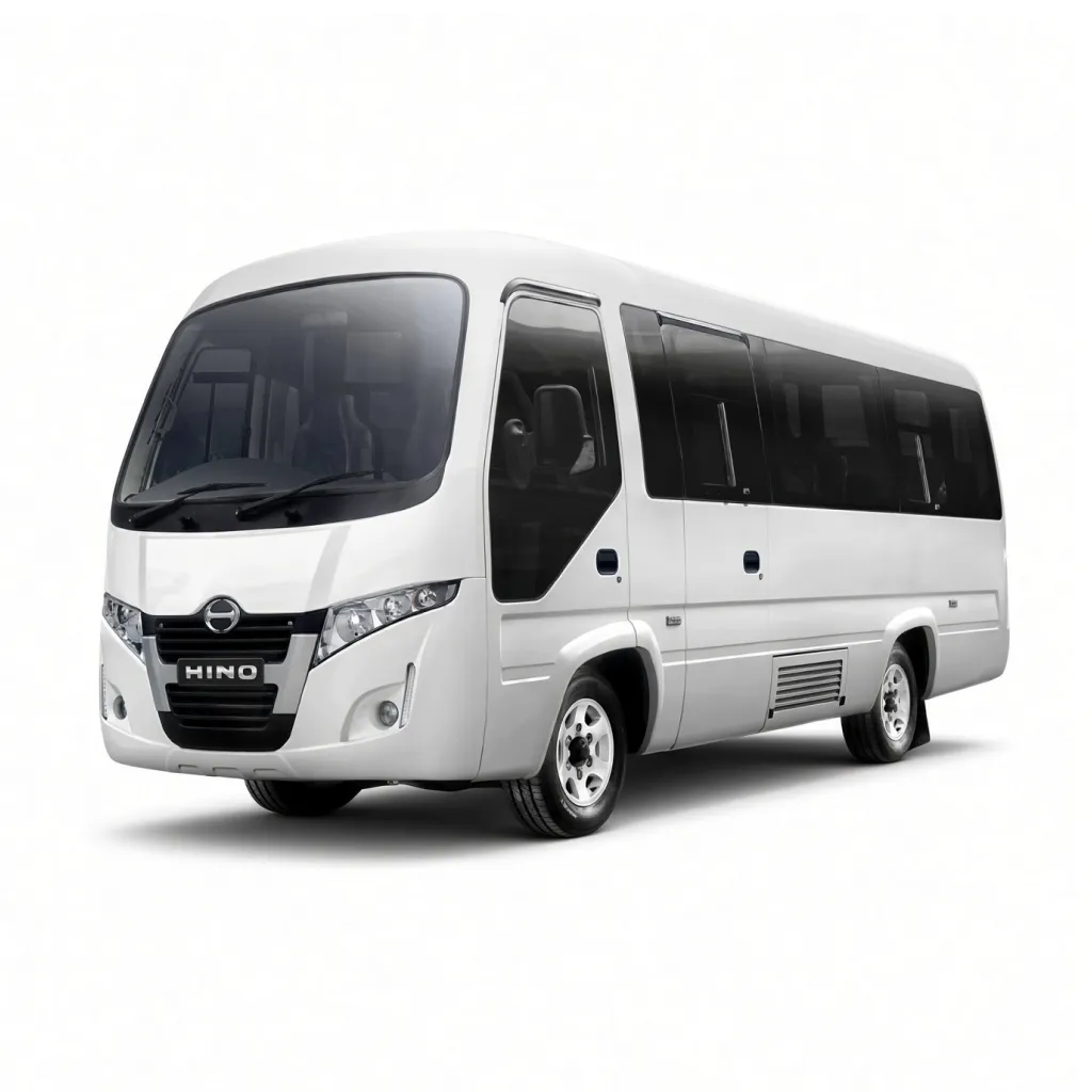 White Elf Coaster minibus, three-quarter front view
