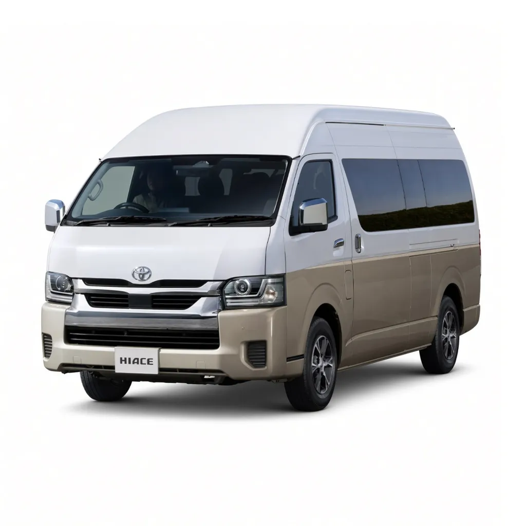 Toyota Hiace white and beige, three-quarter front view